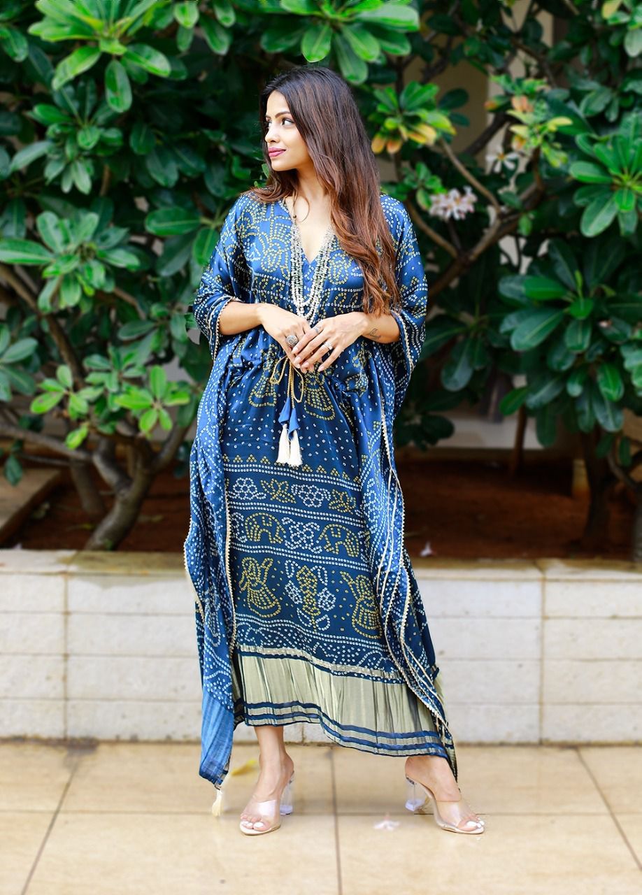 Satin Blue Dot Digital Pritned Kaftan