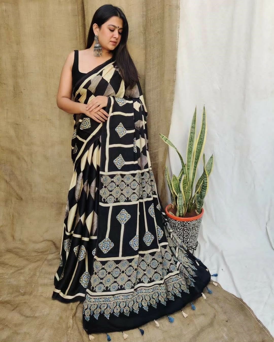 Black & Beige Geometric Block Digital Print Saree Original Japan Satin (Devsena satin)