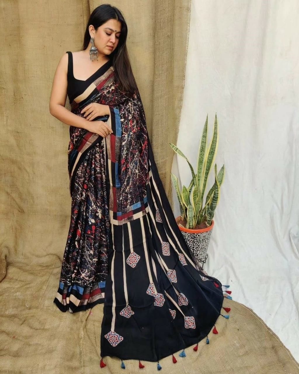 Black & Multi-Color Abstract Digital Print Saree with Tassels Digital Print Original Japan Satin (Devsena satin)