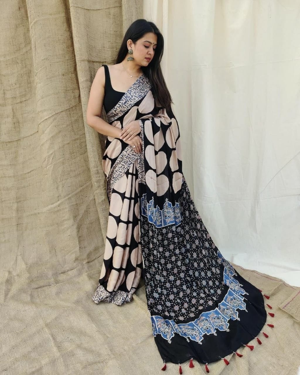 Black & Beige Dual-Print Crepe Saree with Polka Dots Original Japan Satin (Devsena satin)
