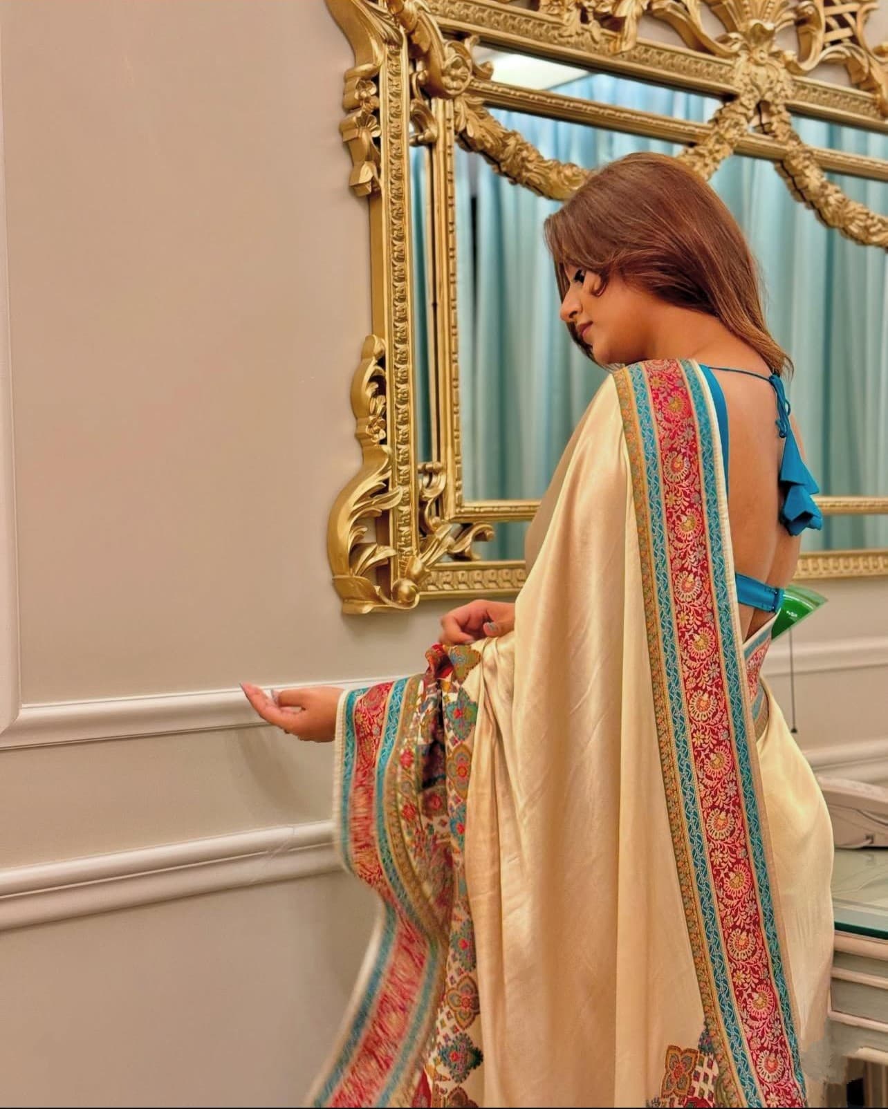 Cream Pashmina Inspired Work Digital Print Original Japan Satin (Devsena satin)