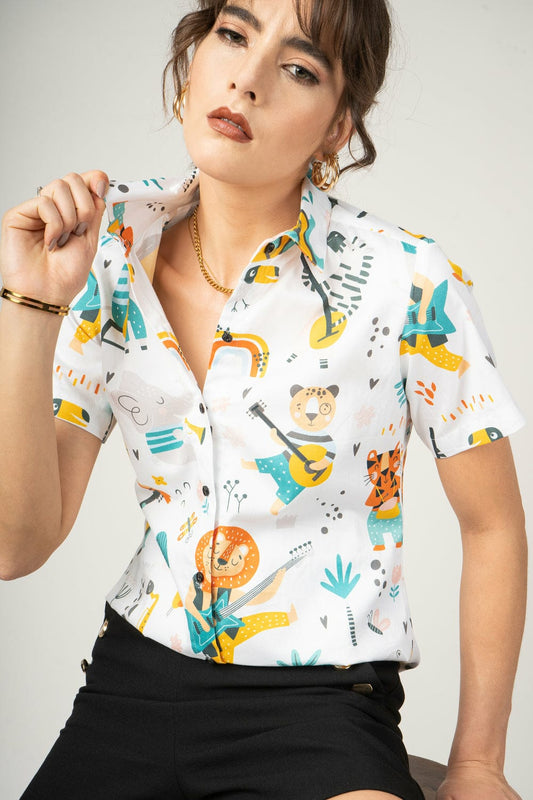 Cartoon print rayon shirt for women TFY
Quirky casual digital printed shirt India
TFY Cartoon Jam fun shirt for girls