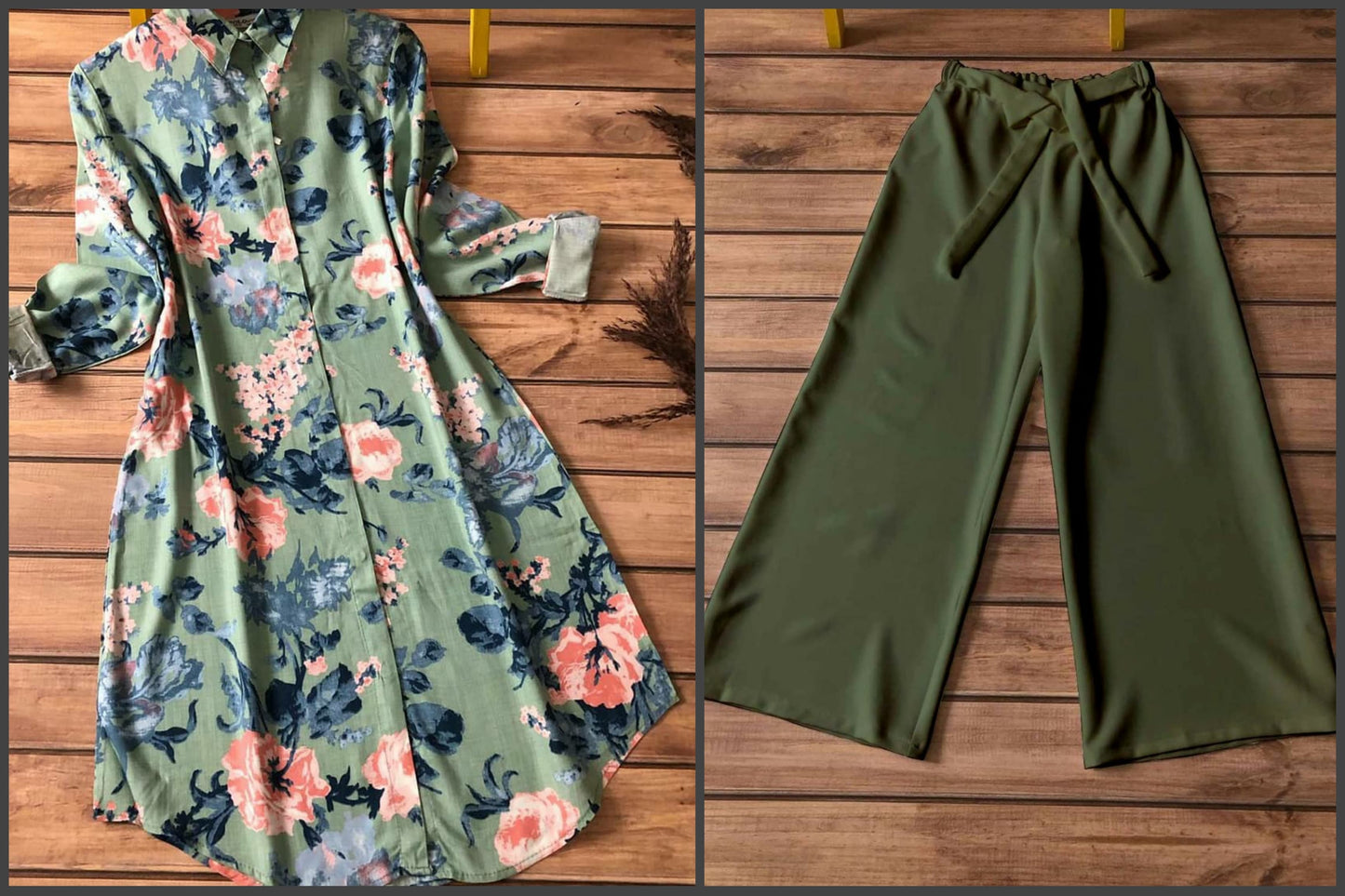 Floral rayon kurti green plazzo combo TFY
Stretchable plazzo with rayon kurti set India
Green ethnic coord set for women casual festive