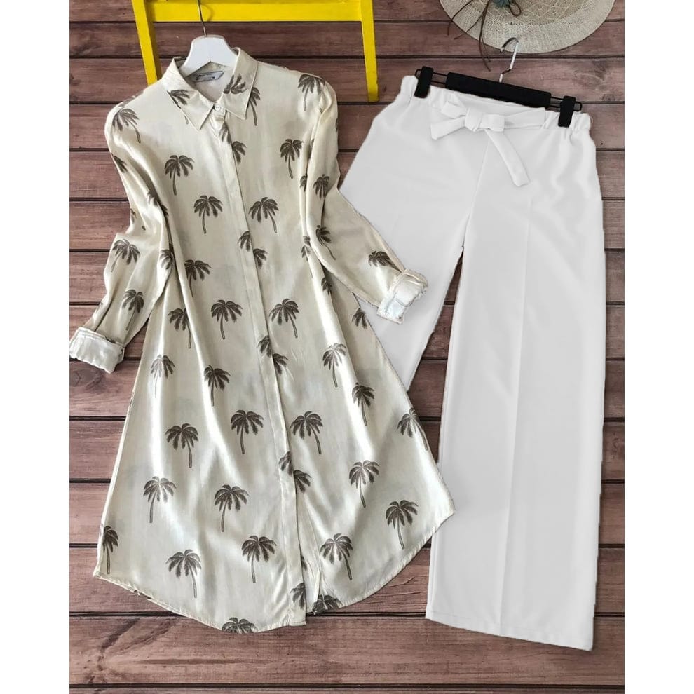 Sunkissed palm coord set TFY
Beige palm print shirt kurti with white plazzo
Summer coord set ethnic casual look