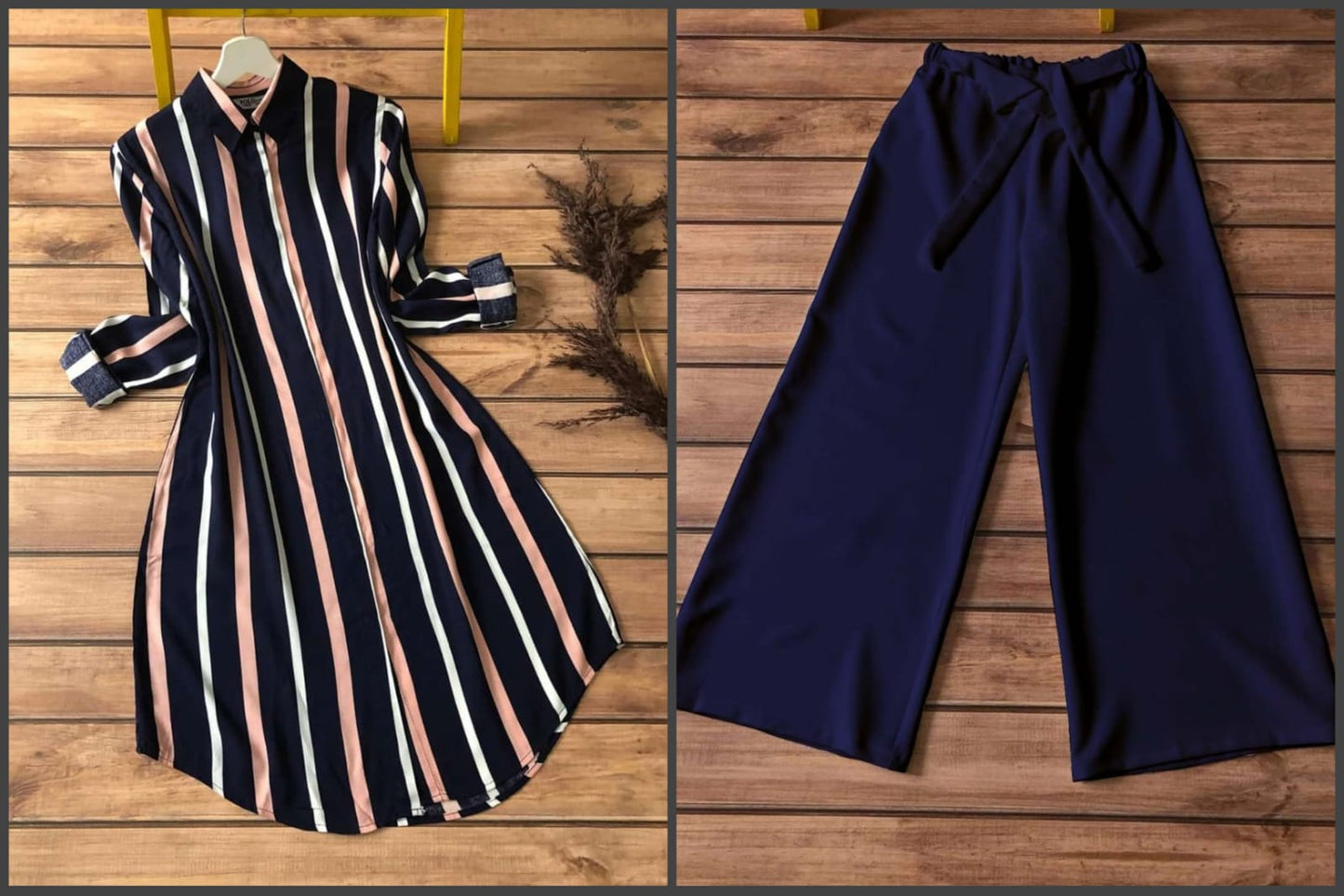 Midnight navy coord set TFY Ethnic
Striped shirt kurti with solid navy plazzo
Elegant office wear ethnic coord