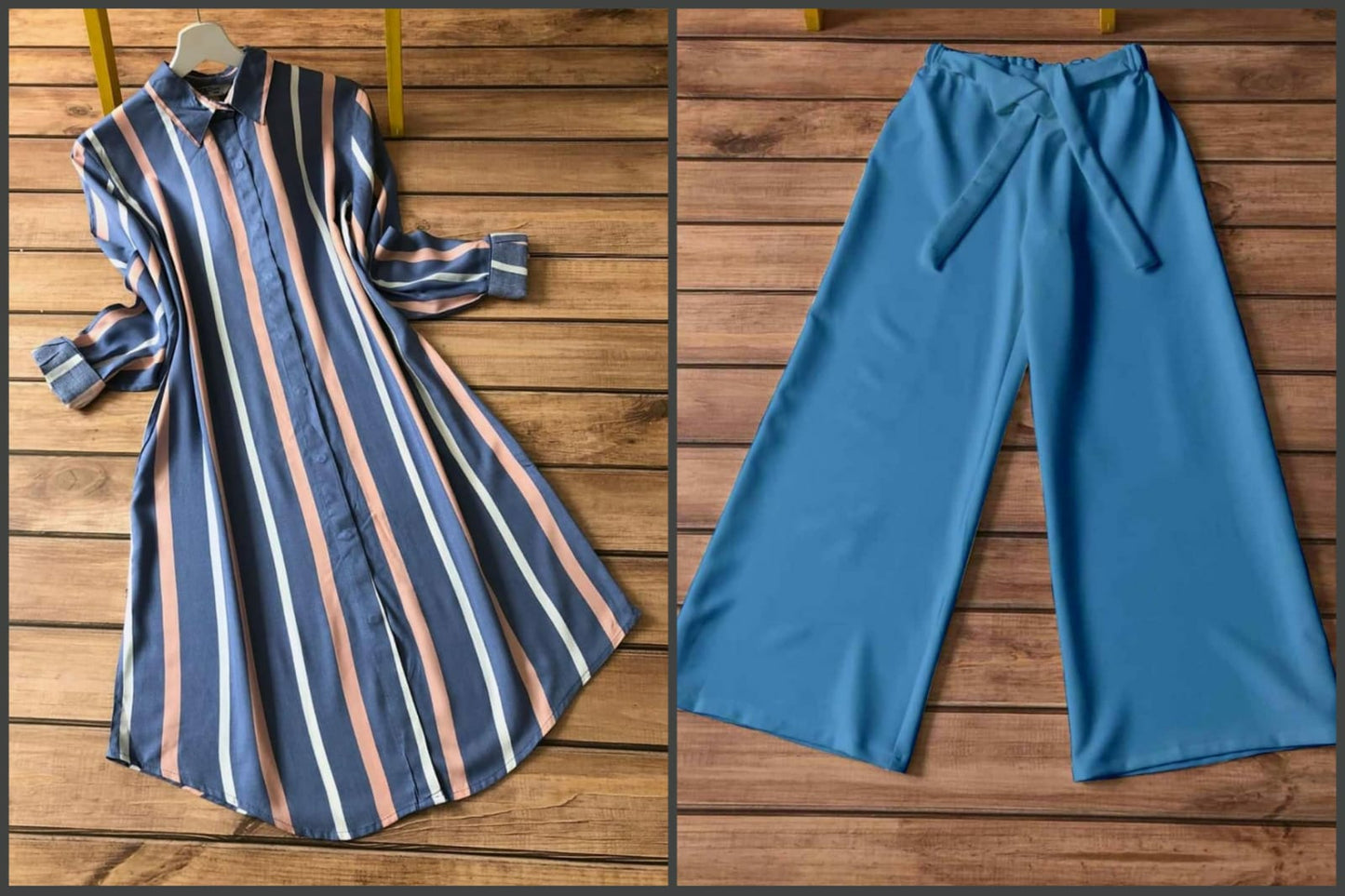 Twilight blue coord set striped kurti
Blue shirt-style kurti with plazzo pants TFY
Smart ethnic coord set women India