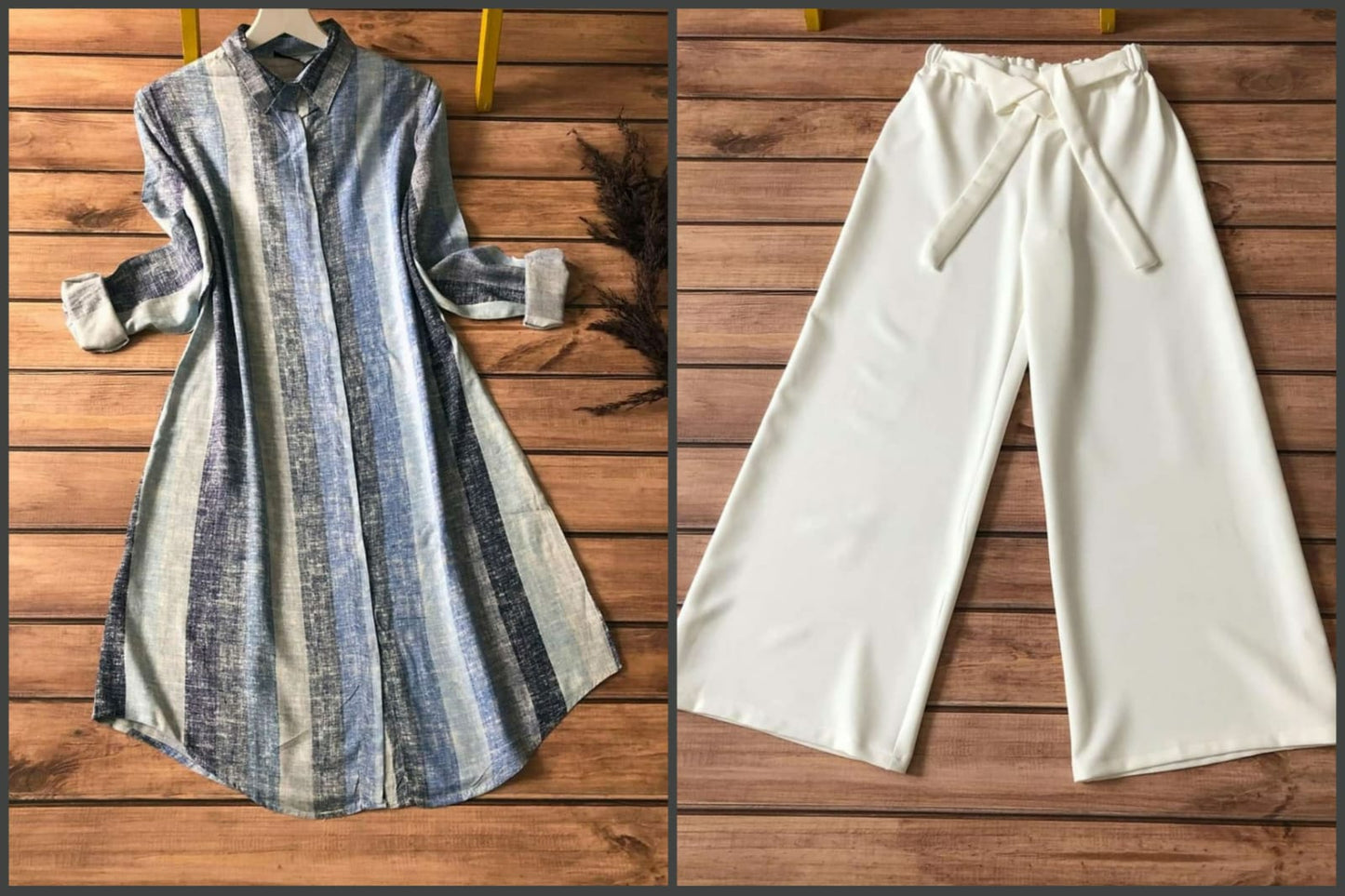 Denim striped coord set TFY Ethnic
Shirt kurti with ivory plazzo pants
Textured coord set for women ethnic look