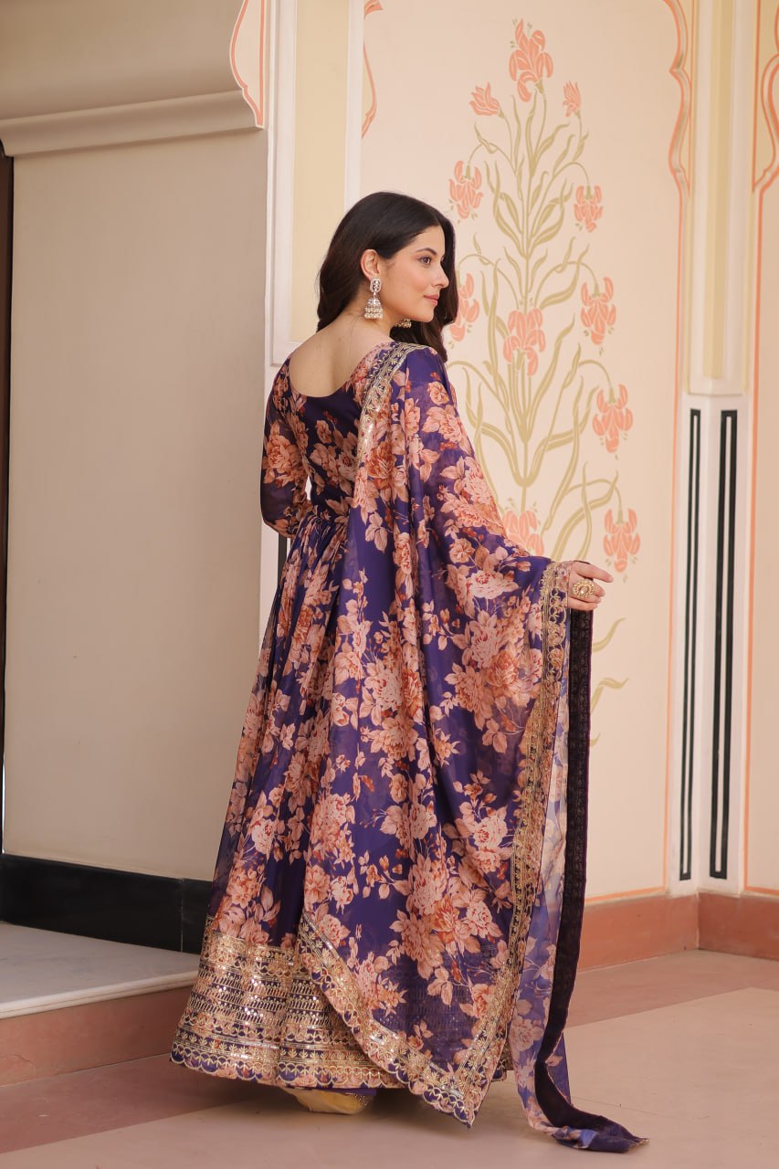 Purple Bloom Embroidered Gown Set with Dupatta β Russian Silk | TFY Ethnic