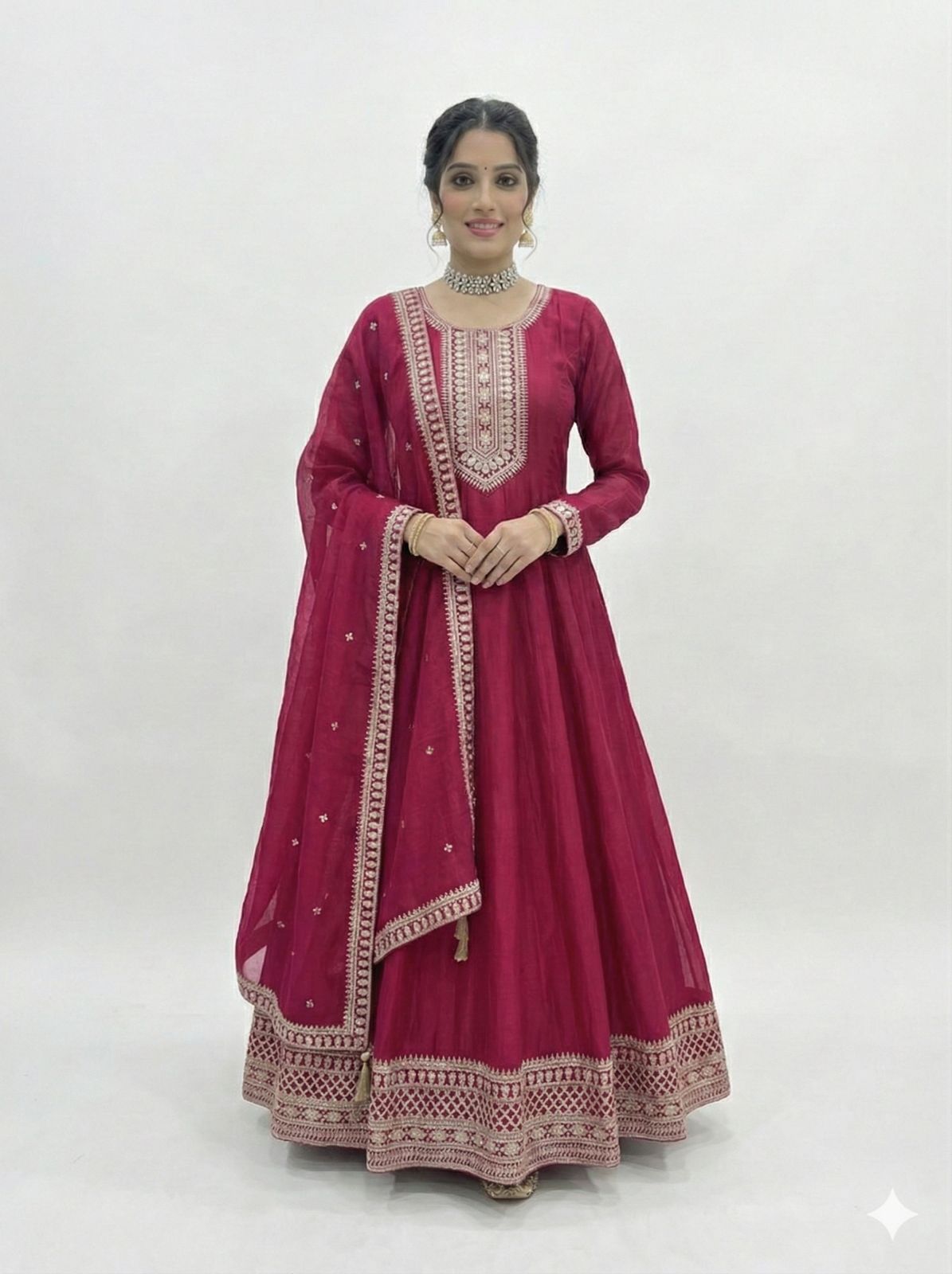 Premium Dark Pink Vichitra Silk Anarkali Suit with Embroidery