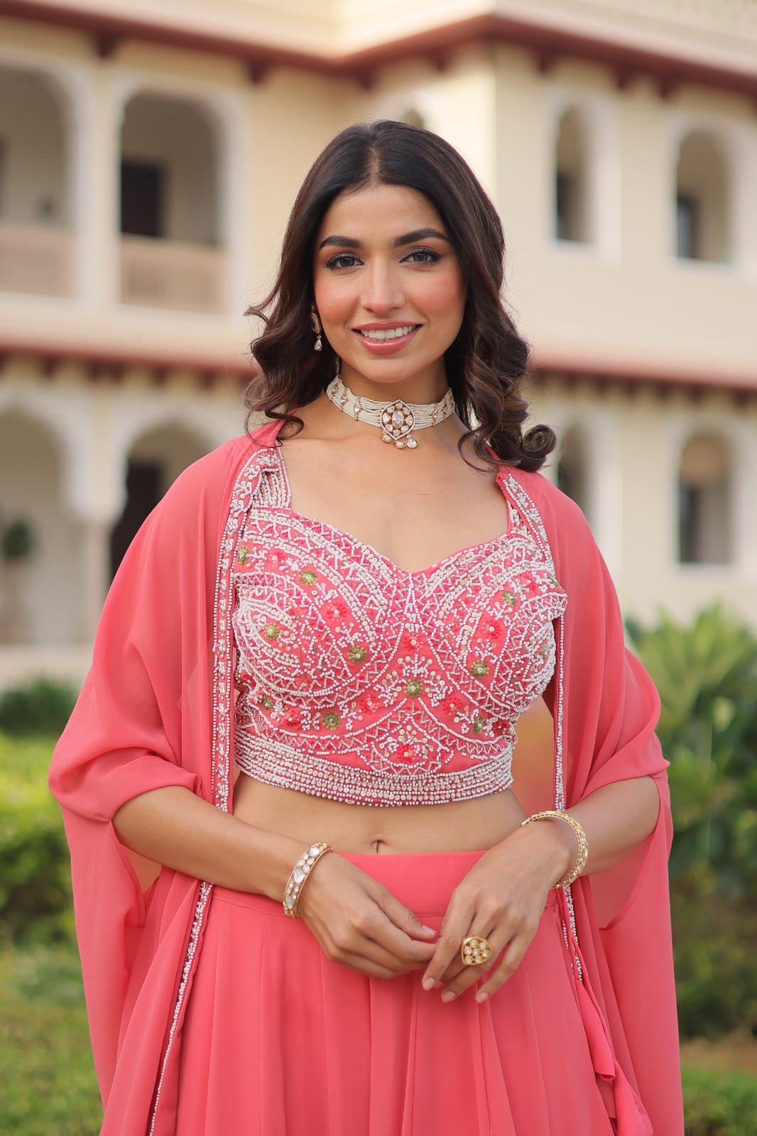 Premium Faux Georgette Lehenga Blouse Shrug Set with Beads Embroidery