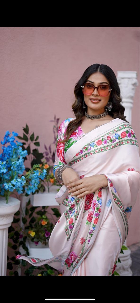 Light Pink Digital Floral Print Satin Saree Original Japan Satin (Devsena satin)