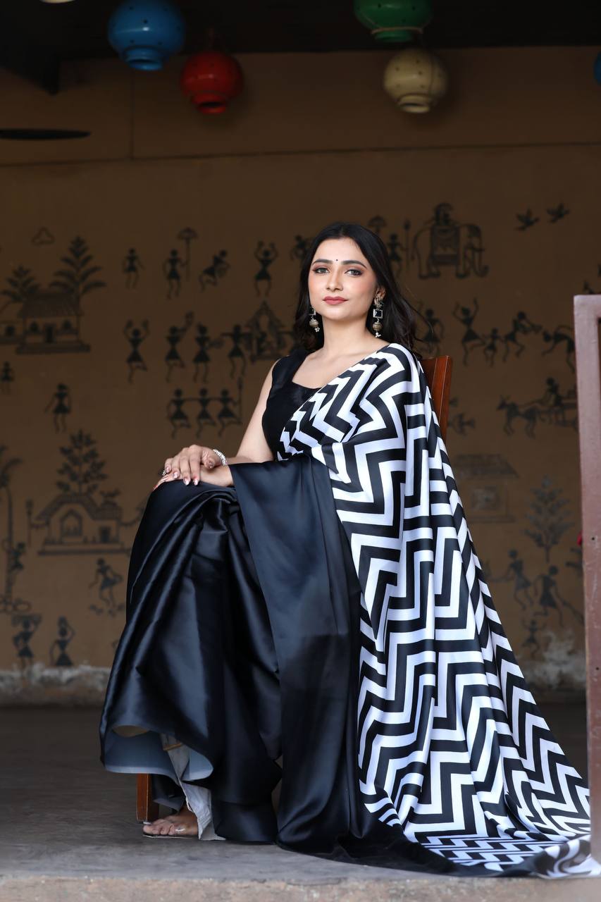 Black & White Zig-Zag Design Digital Print Original Japan Satin (Devsena satin)