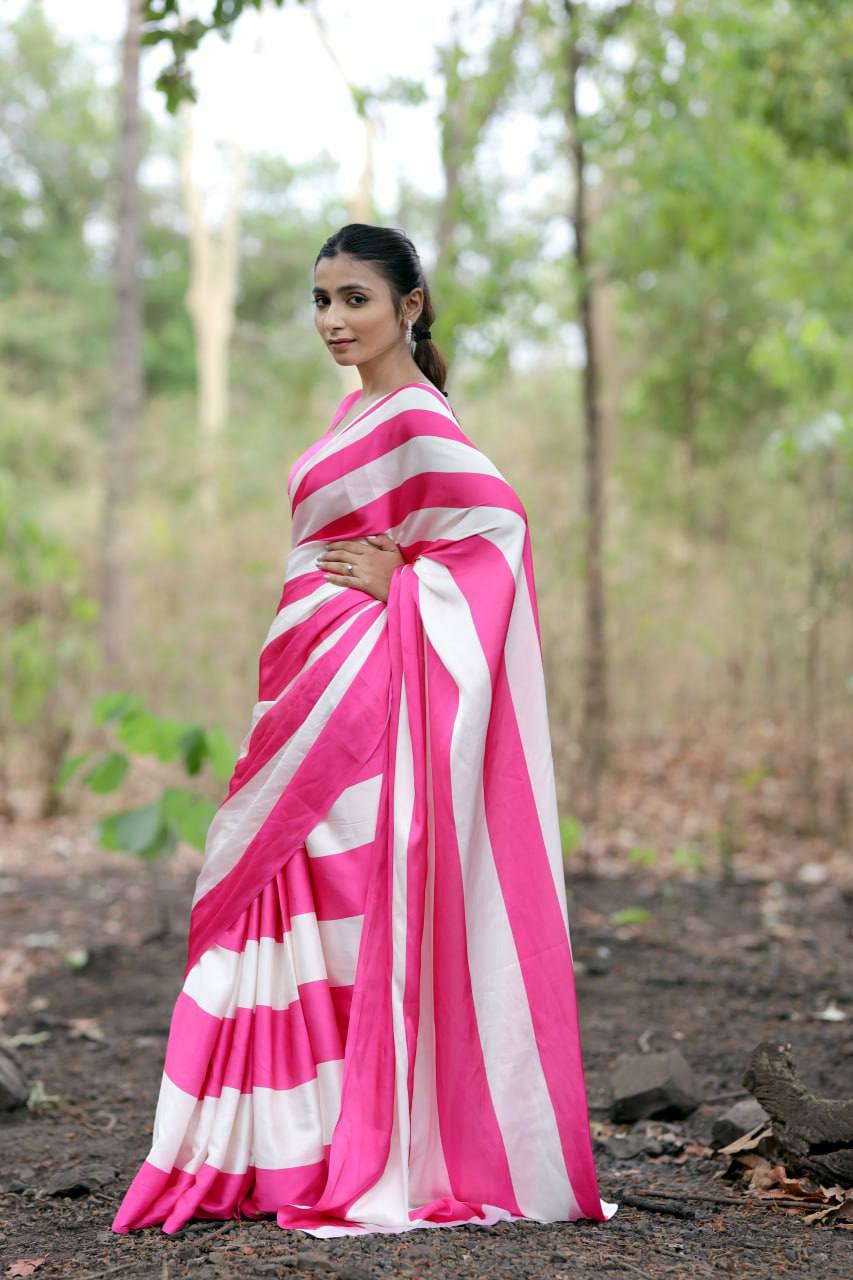 Pink & White Vertical Stripe Digital Print saree Original Japan Satin (Devsena satin)