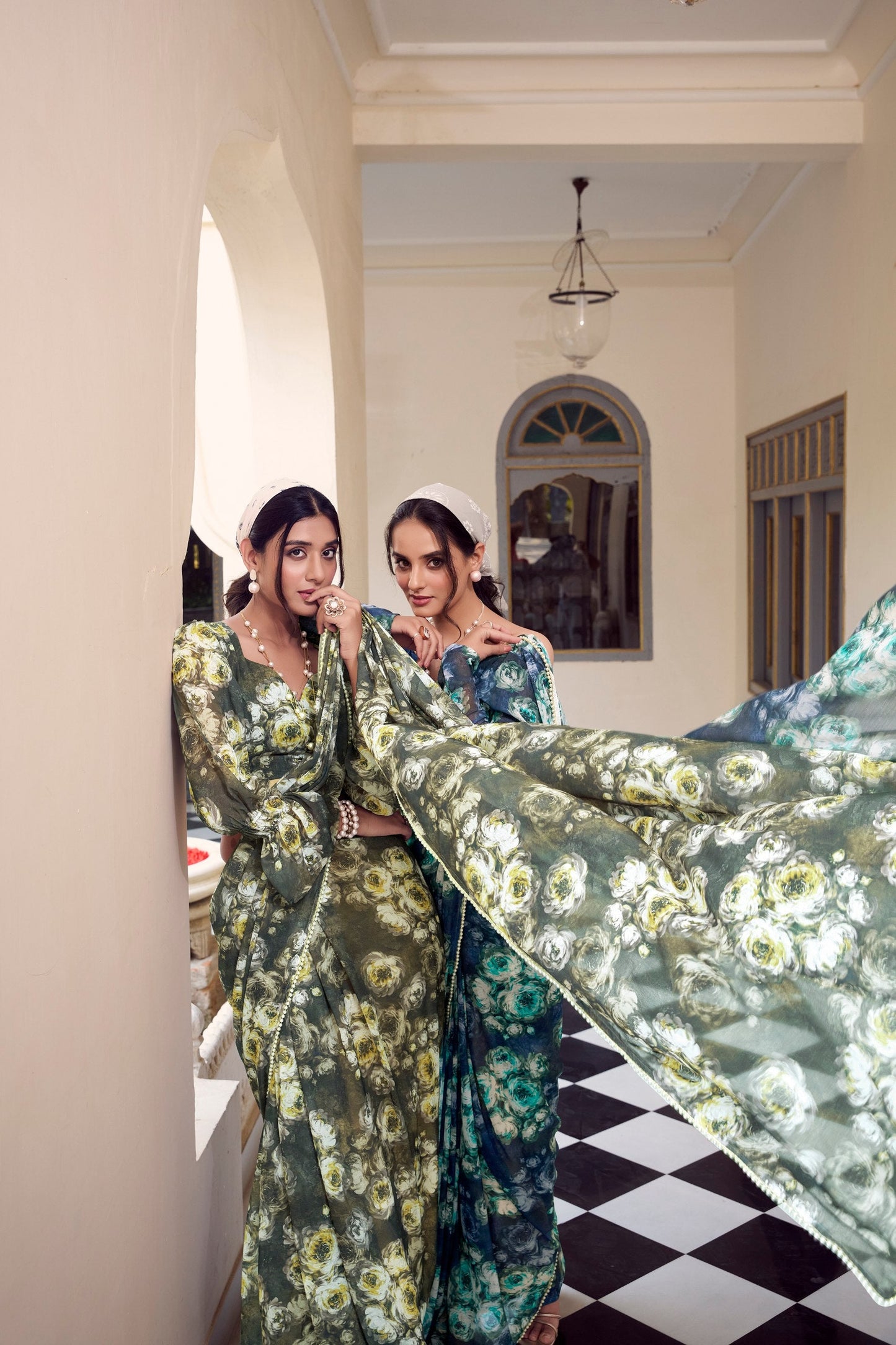 Multicolor Digital Print Weightless Marbel Floral Hot Modern Saree Wtih Pearl Lace Border