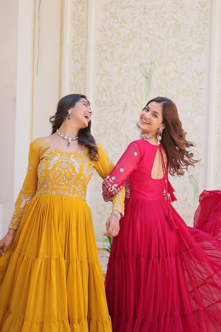 Readymade long gown for women TFY  Ethnic stitched gown online India  Partywear long gown with dupatta TFY  Elegant floor length gown festive TFY Ethnic