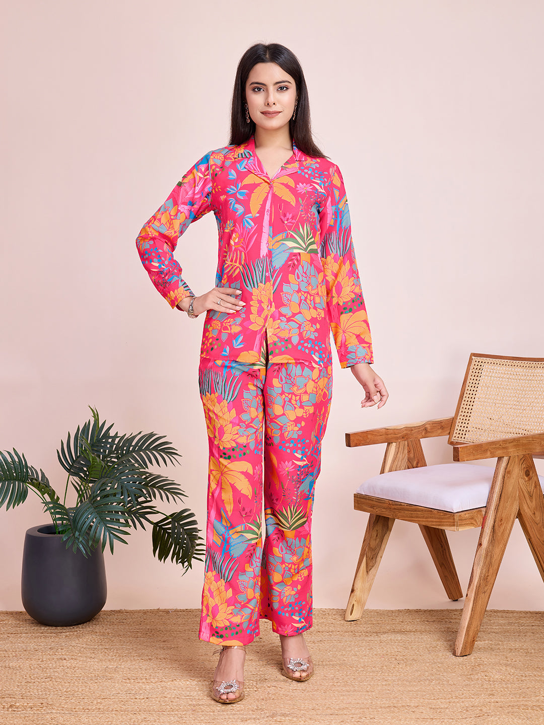 Pink Floral Digital Print Rayon Slub Cord Set