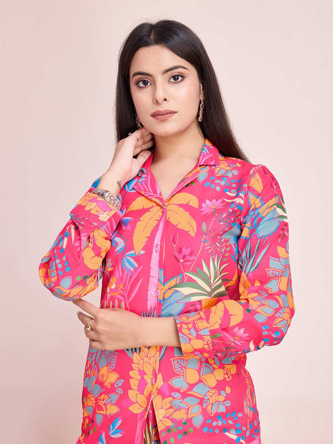 Pink Floral Digital Print Rayon Slub Cord Set