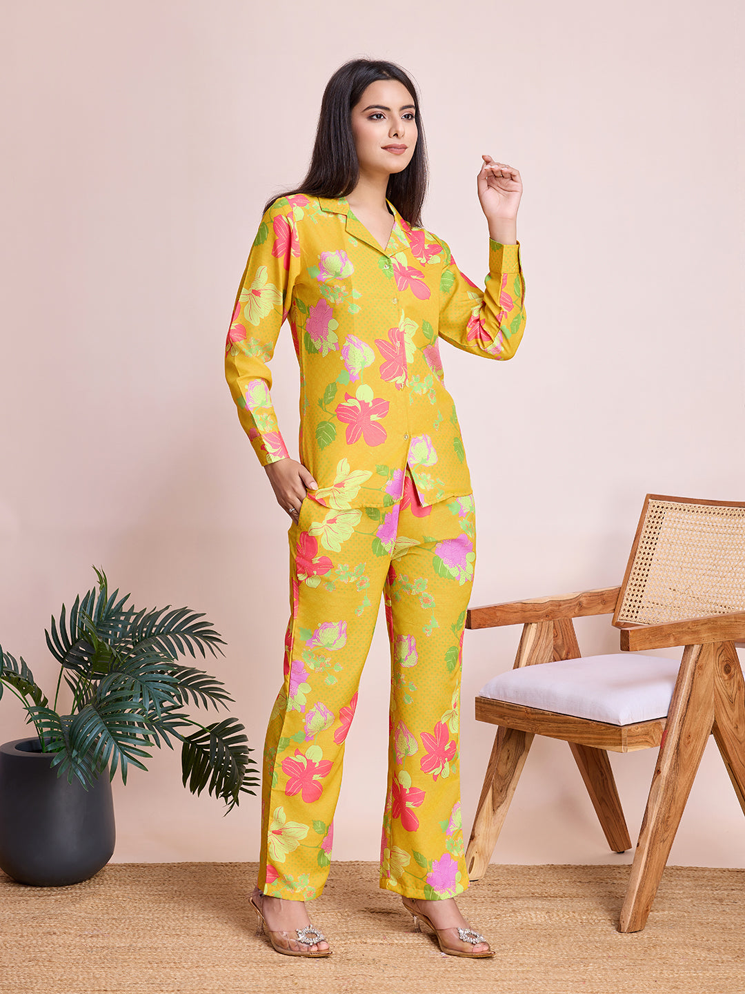 Yellow Floral Digital Print Rayon Slub Cord Set