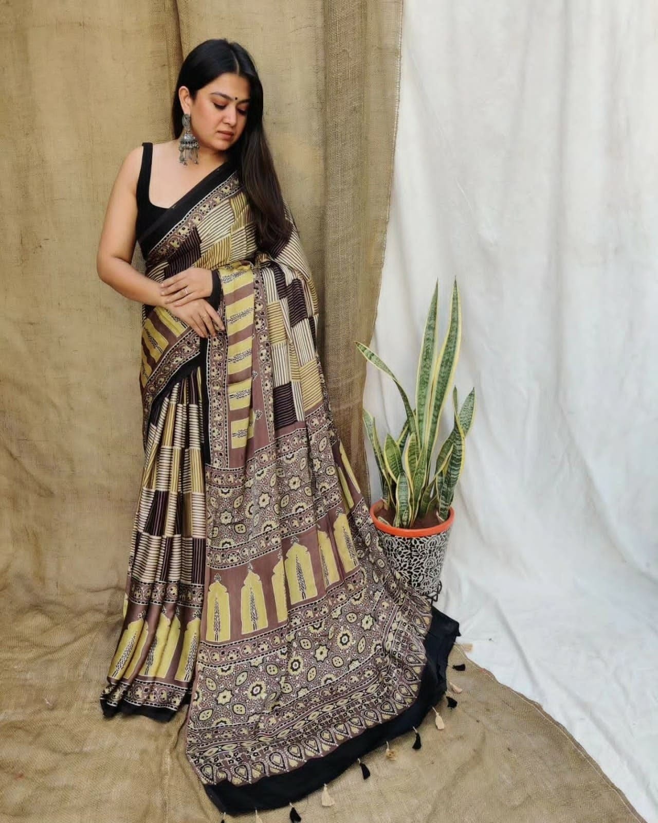 Black & Mustard Yellow Patola Inspired Digital Print Saree   Original Japan Satin (Devsena satin)