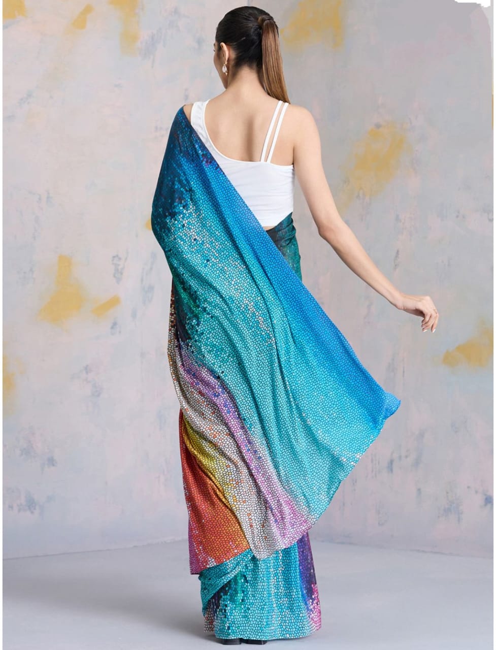 Ombre Sequin Work Digital Print Party Wear Saree Original Japan Satin (Devsena satin)