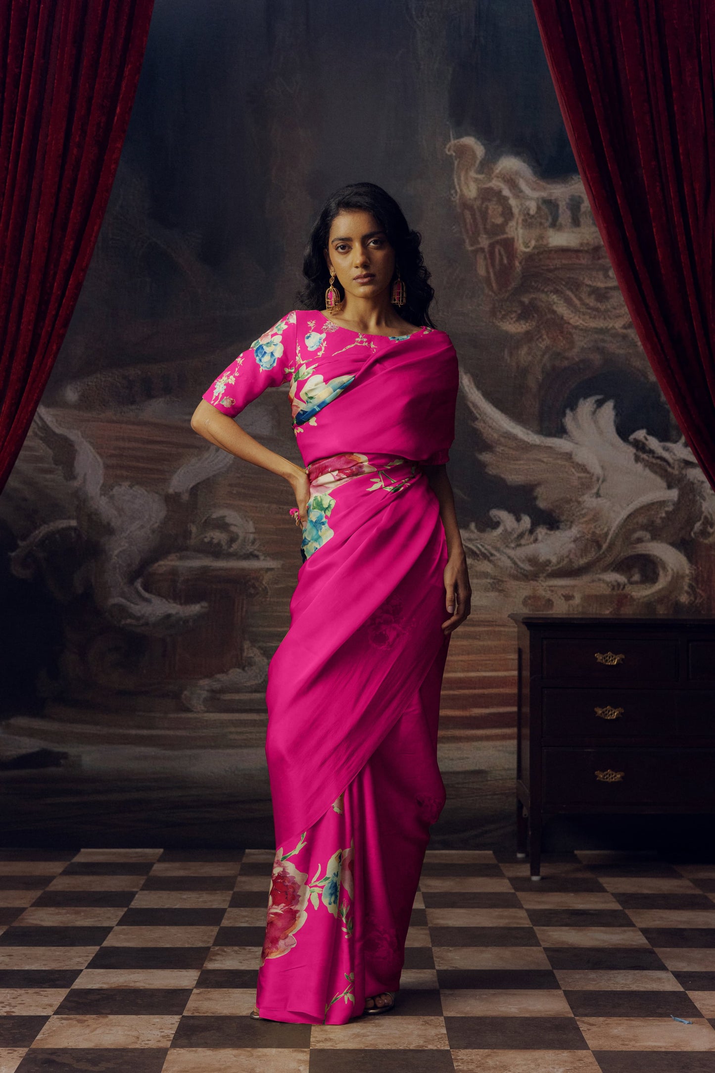 Firozi Floral Digital Printed  Original Japan Satin (Devsena satin)