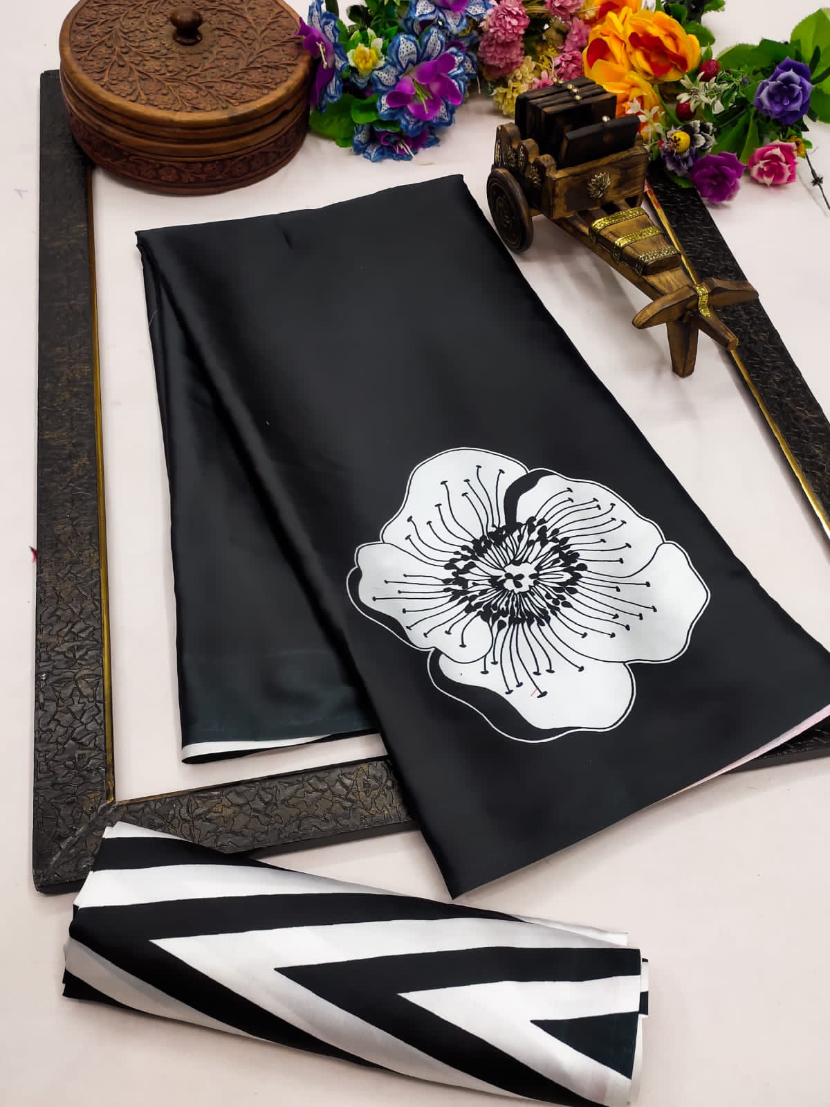 Satin Saree with Oversized White Floral Digital Print  Original Japan Satin (Devsena satin)