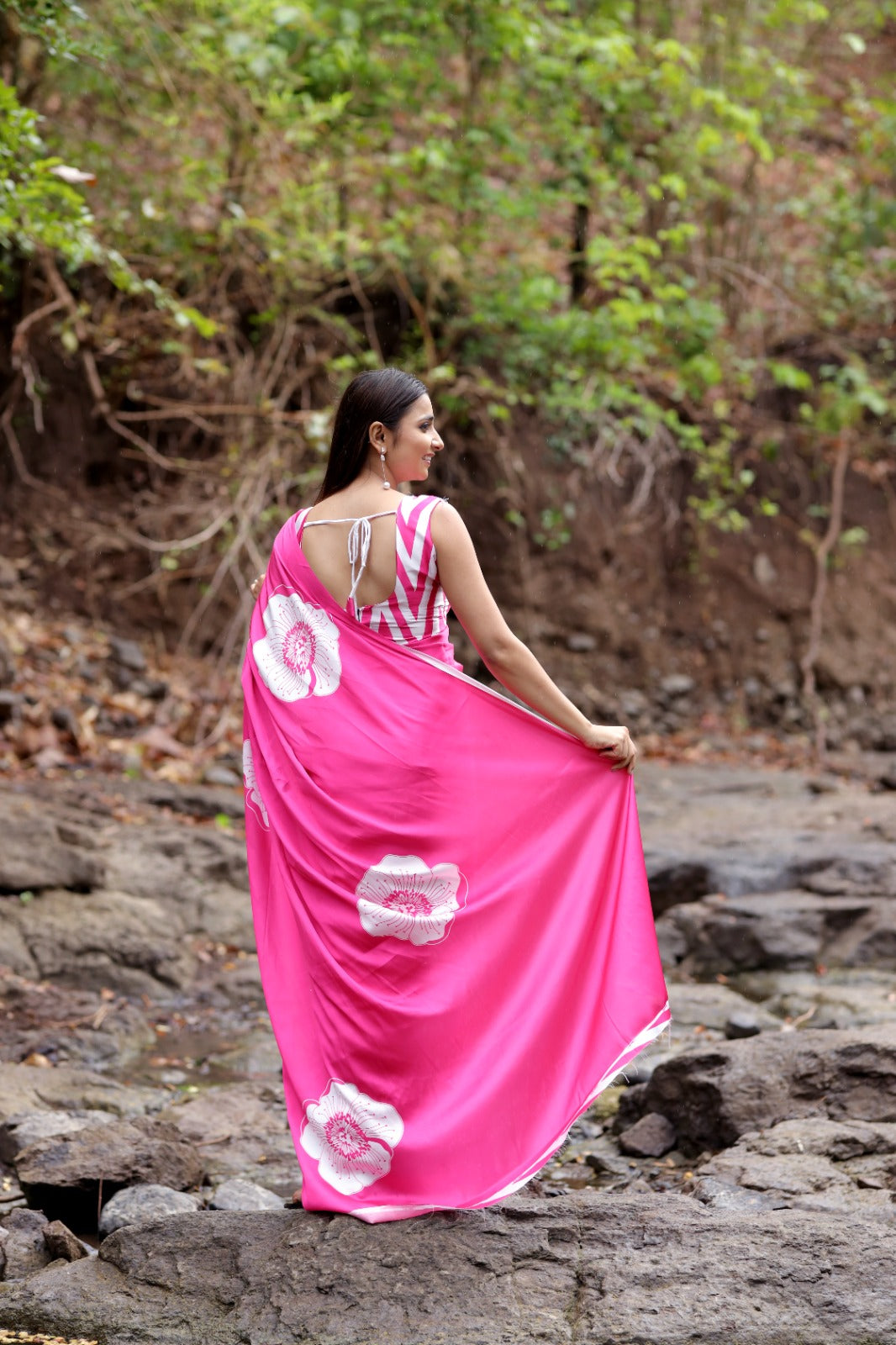 Satin Saree with Oversized White Floral Digital Print  Original Japan Satin (Devsena satin)