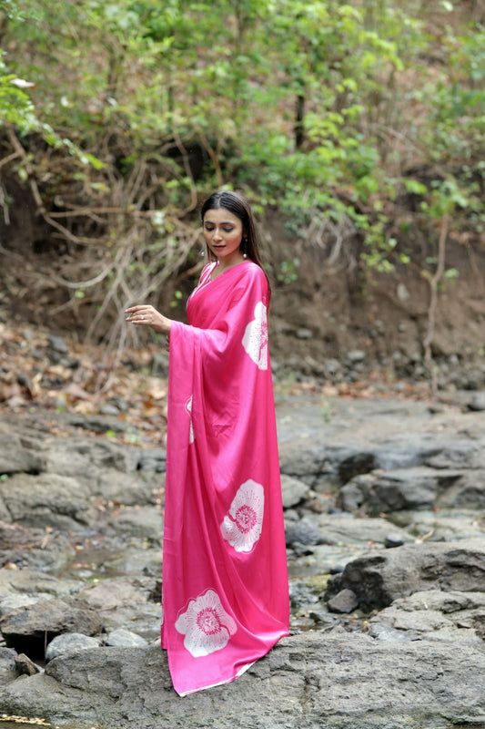 Satin Saree with Oversized White Floral Digital Print  Original Japan Satin (Devsena satin)