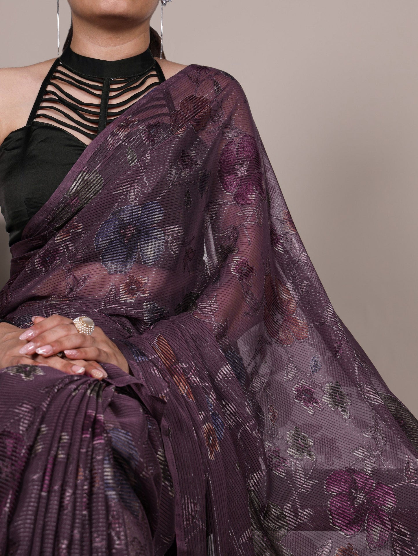 Floral Print Saree with Modern Pleated Texture