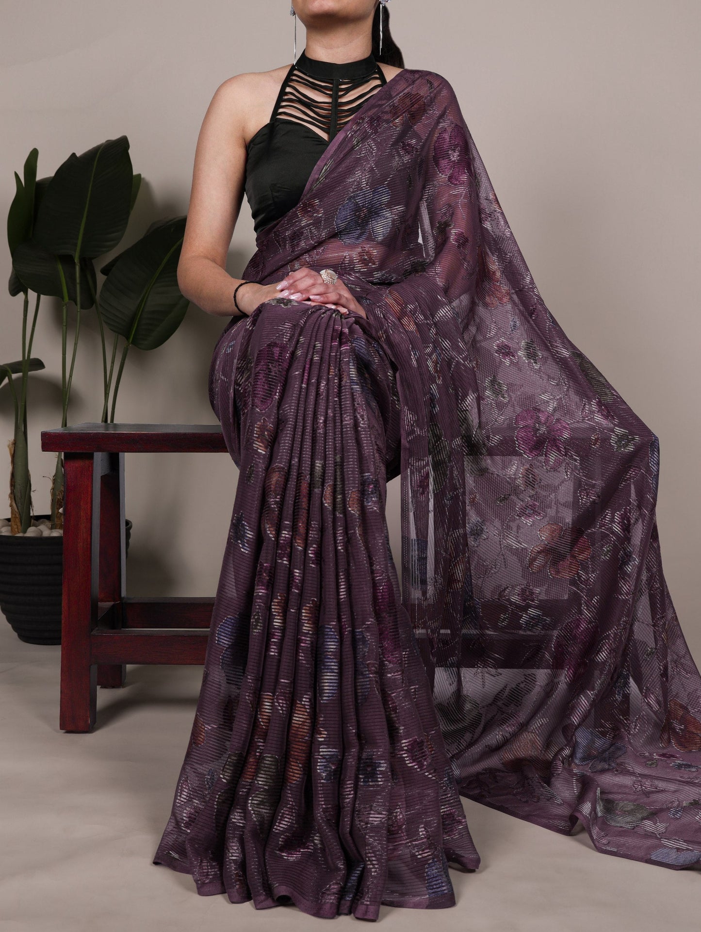 Floral Print Saree with Modern Pleated Texture