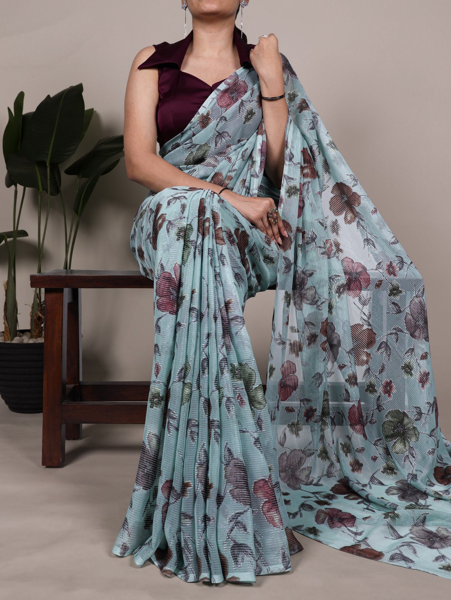 Floral Print Saree with Modern Pleated Texture