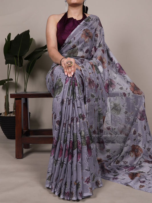 Floral Print Saree with Modern Pleated Texture