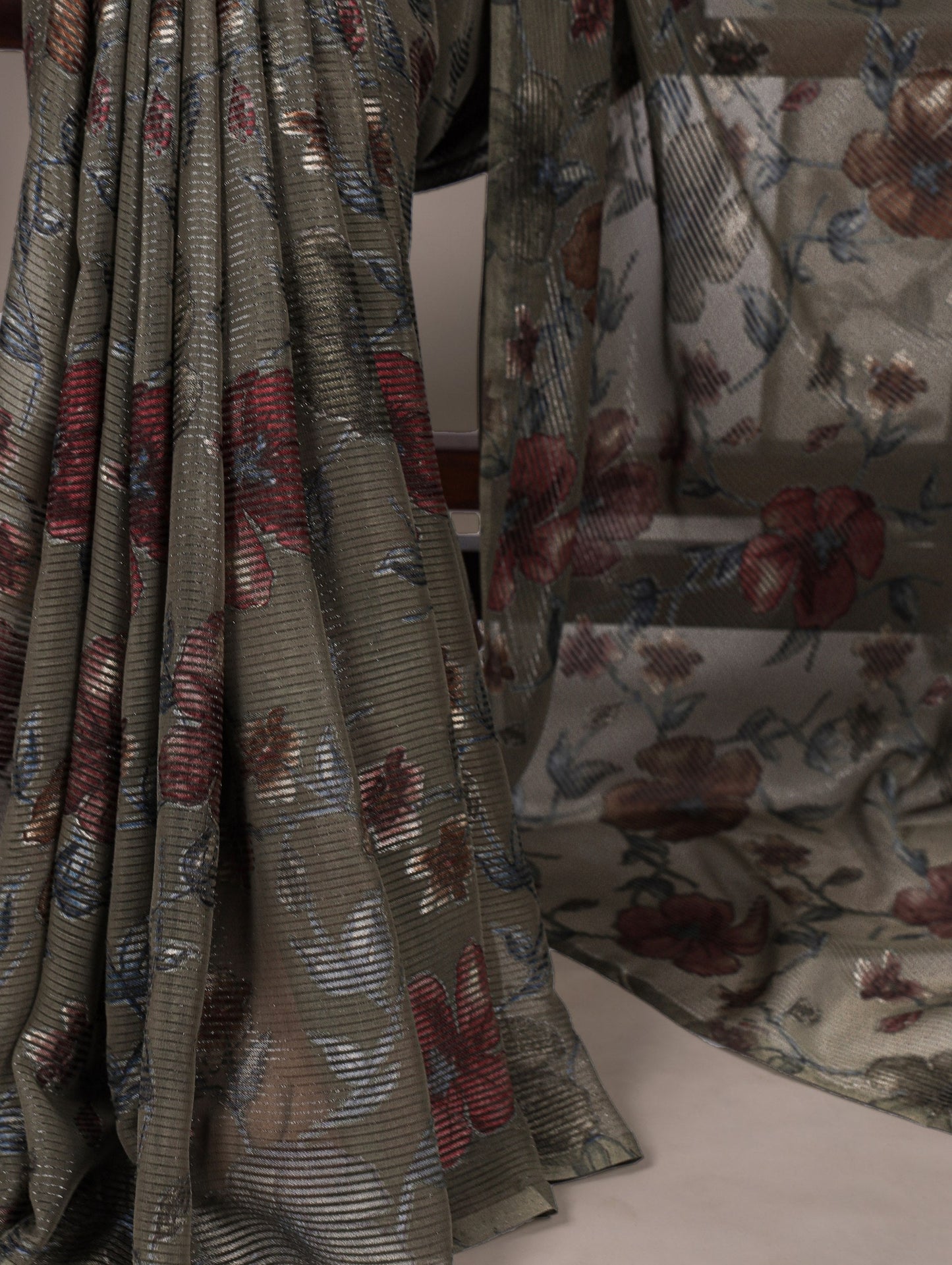 Floral Print Saree with Modern Pleated Texture