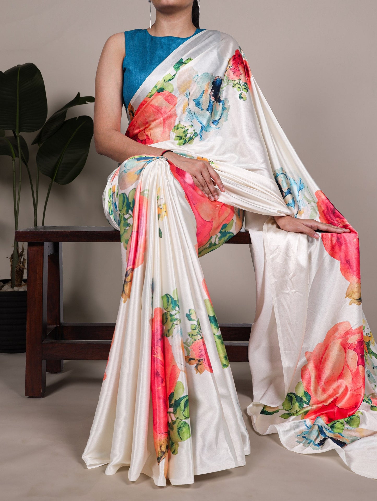 Artistic Multi-Hued Satin Silk Saree with Abstract Geometric Print