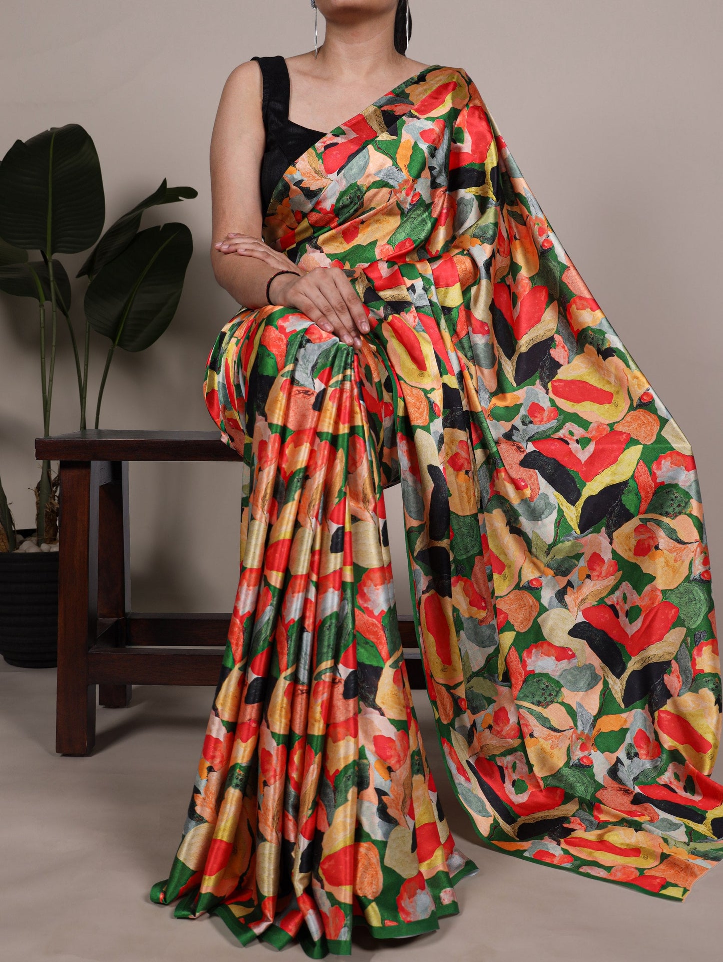 Artistic Multi-Hued Satin Silk Saree with Abstract Geometric Print