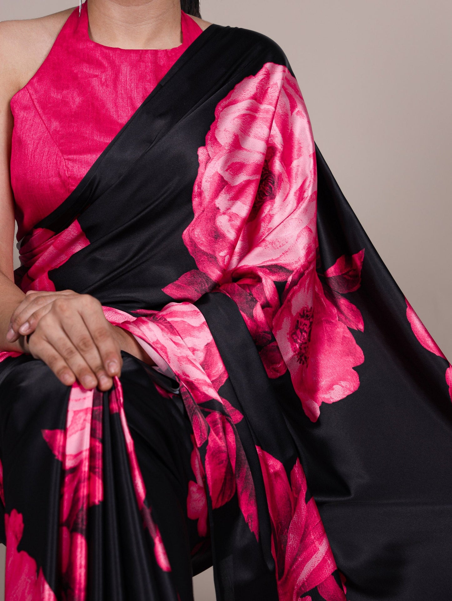 Artistic Multi-Hued Satin Silk Saree with Abstract Geometric Print