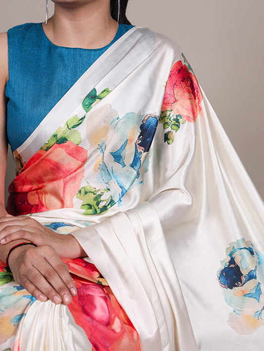 Artistic Multi-Hued Satin Silk Saree with Abstract Geometric Print