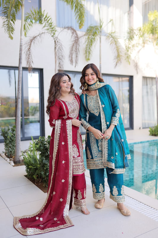 Premium Fendi Silk Designer Top Pant Dupatta Set with Sequins Embroidery