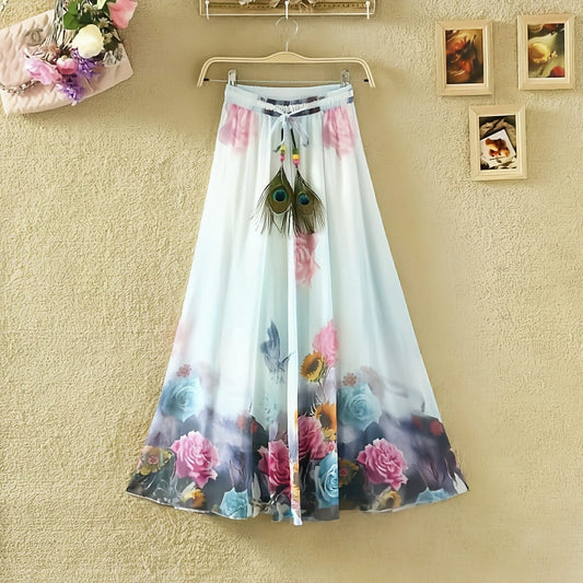 Floral Wave Flared Skirt – Boho-Inspired Digital Print