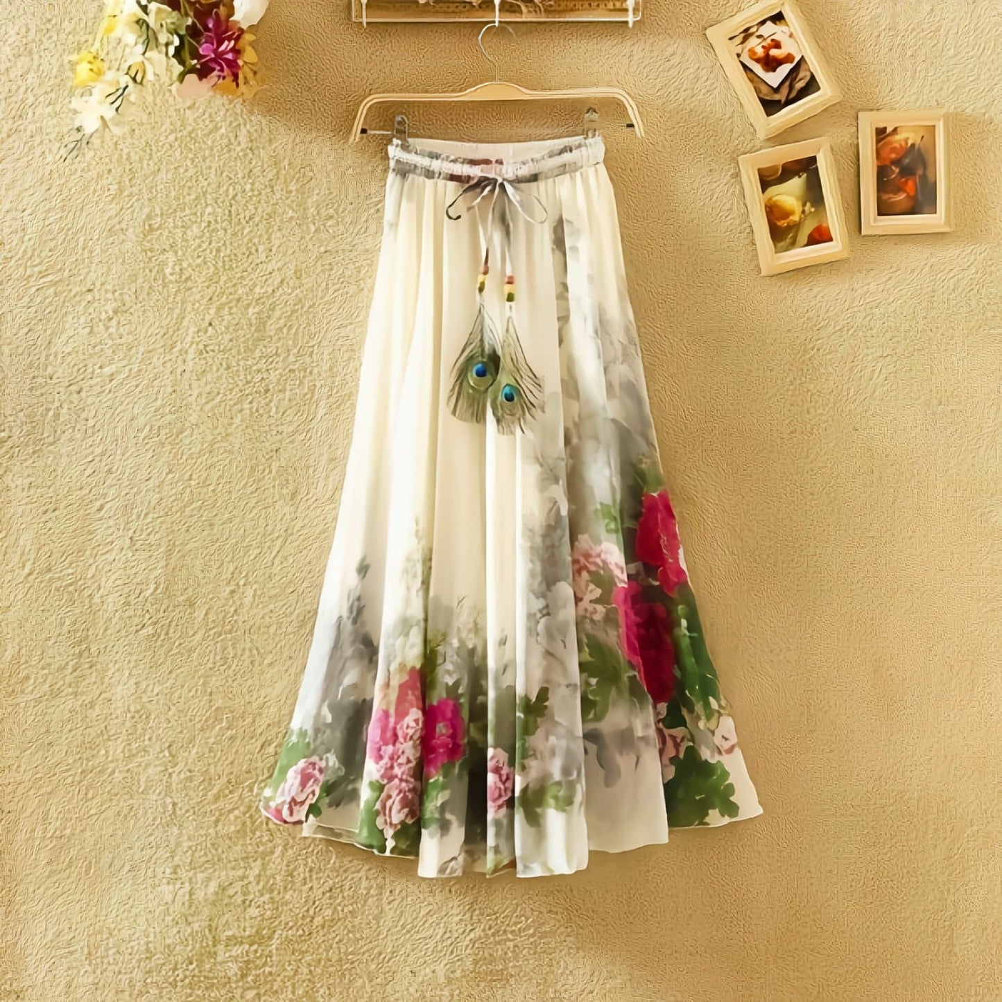 Ivory Bloom Flared Skirt – Subtle Ethnic Floral Rayon Skirt