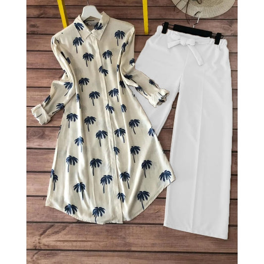 Coconut Grove Coord Set – Palm Tree Print Shirt Kurti with White Plazzo | TFY Ethnic