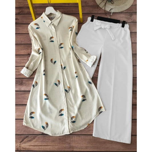 Featherlight Charm Coord Set – Beige Shirt Kurti with White Plazzo | TFY Ethnic