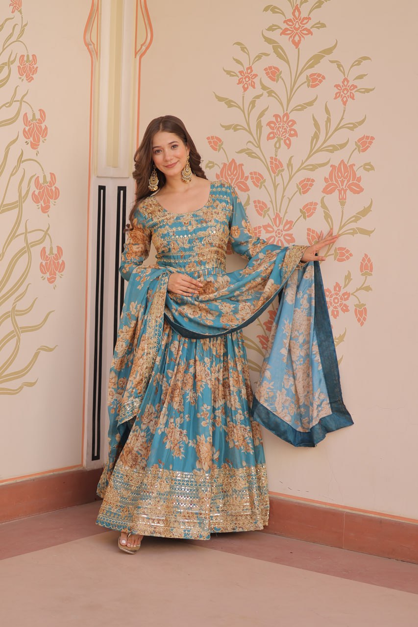 Woman wearing teal Russian silk embroidered gown with floral print and dupatta – TFY Ethnic.