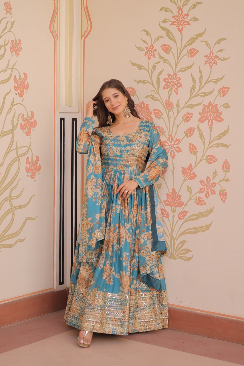 Woman wearing teal Russian silk embroidered gown with floral print and dupatta – TFY Ethnic.
