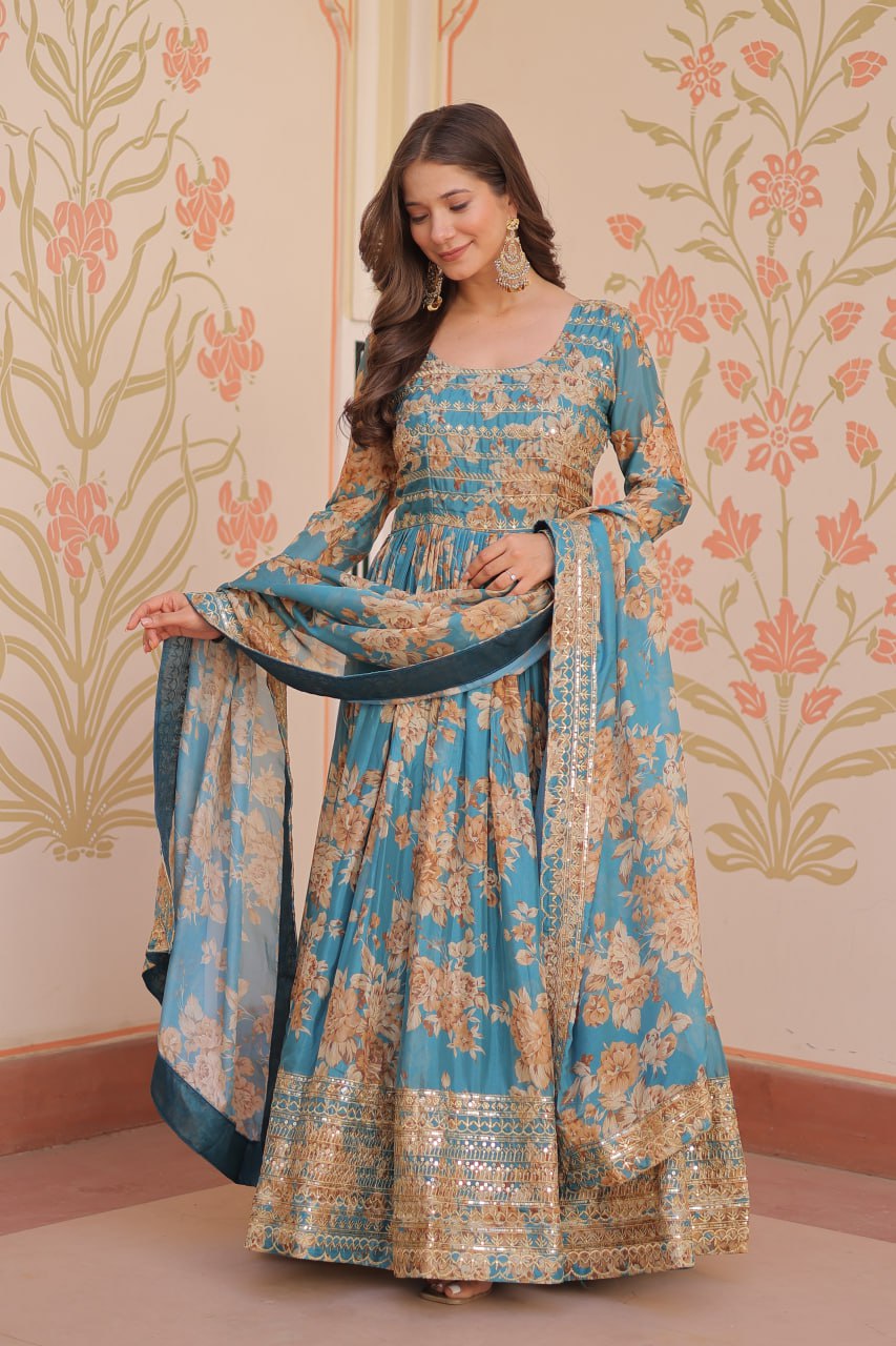 Woman wearing teal Russian silk embroidered gown with floral print and dupatta – TFY Ethnic.