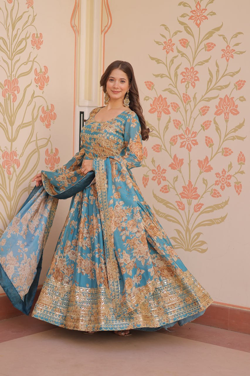 Woman wearing teal Russian silk embroidered gown with floral print and dupatta – TFY Ethnic.