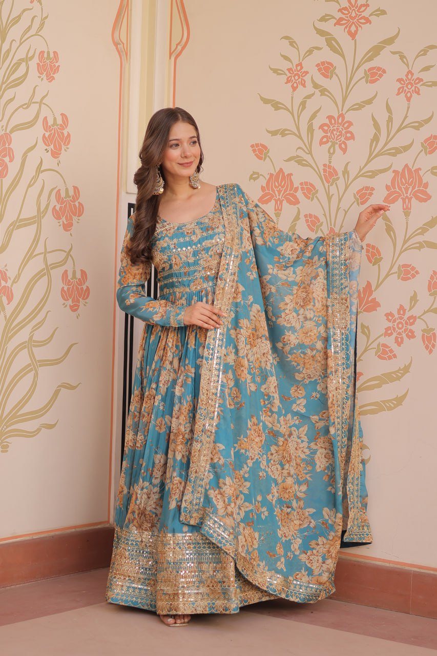 Woman wearing teal Russian silk embroidered gown with floral print and dupatta – TFY Ethnic.