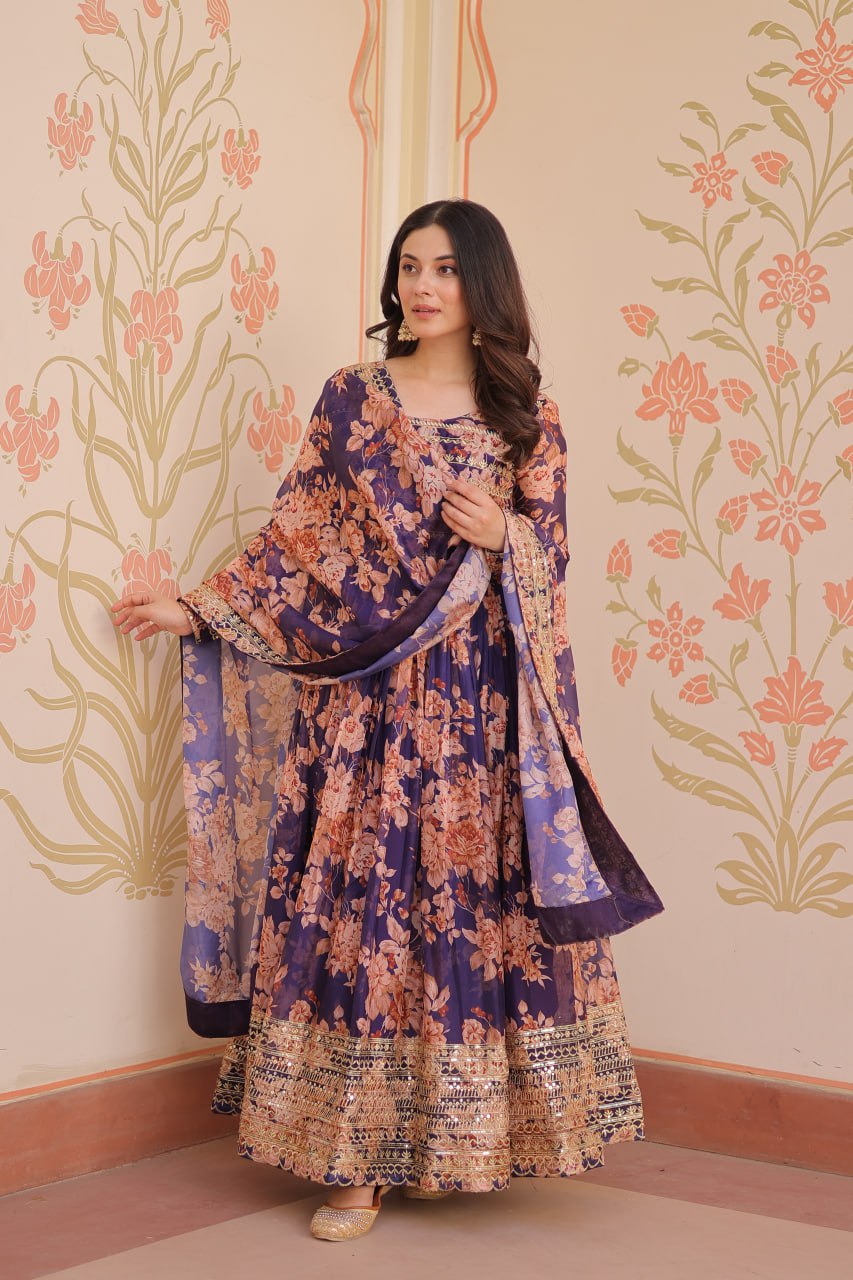 Purple Bloom Embroidered Gown Set with Dupatta – Russian Silk | TFY Ethnic