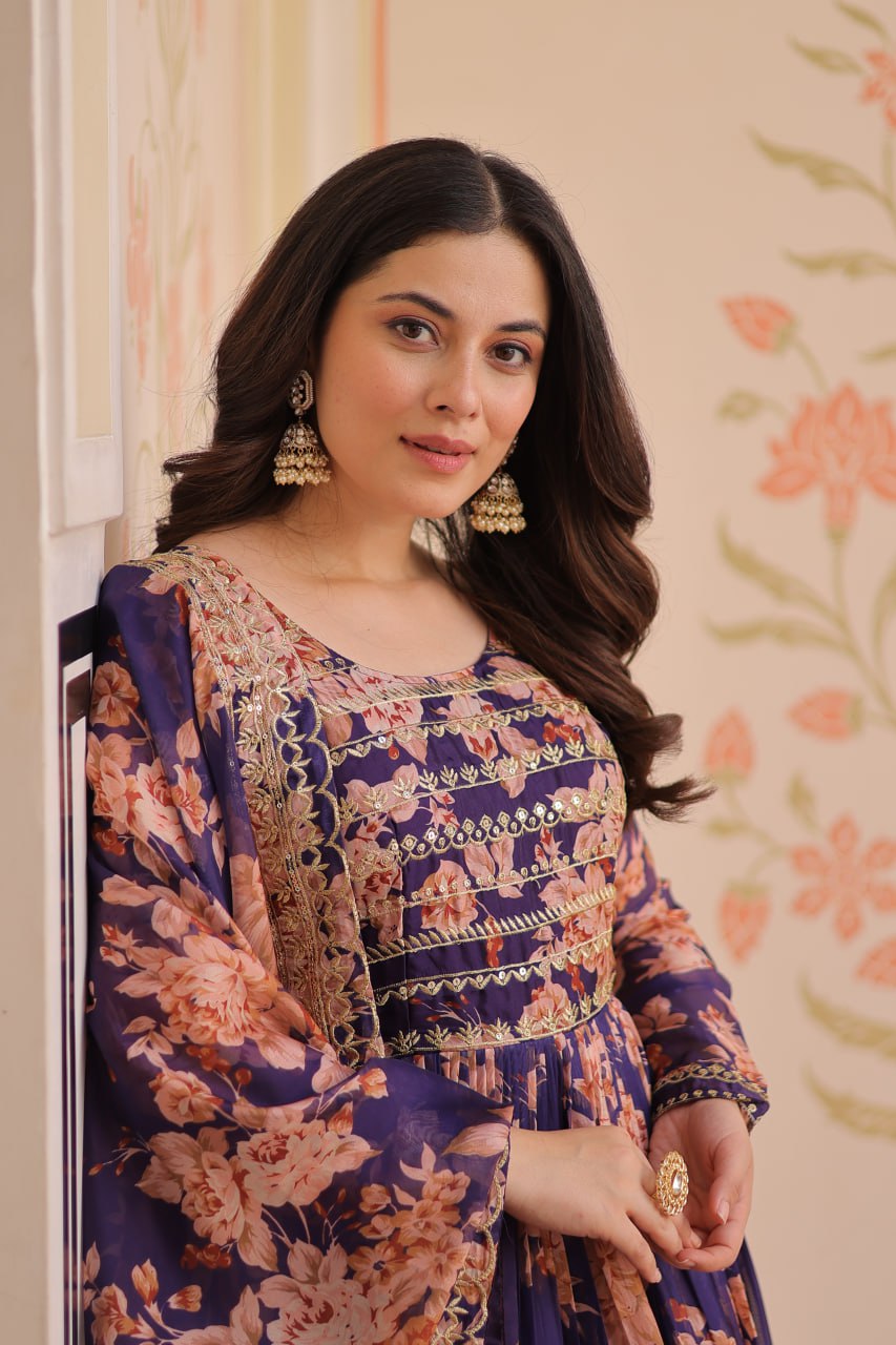 Purple Bloom Embroidered Gown Set with Dupatta – Russian Silk | TFY Ethnic