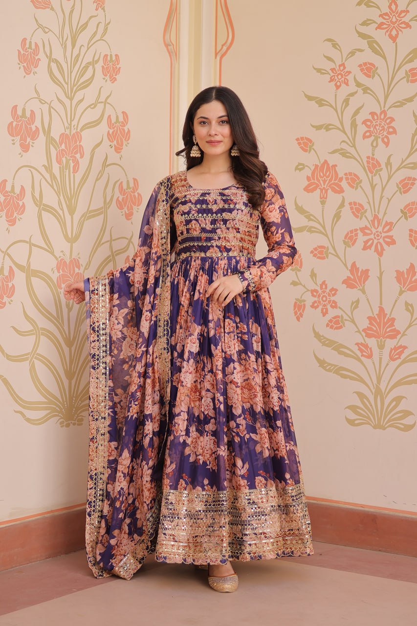 Purple Bloom Embroidered Gown Set with Dupatta – Russian Silk | TFY Ethnic